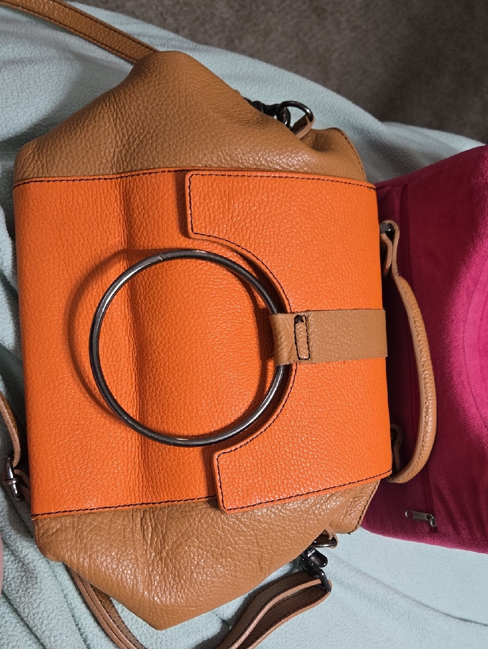 Orange and Tan Leather Crossbody Bag with Metal Ring Accent